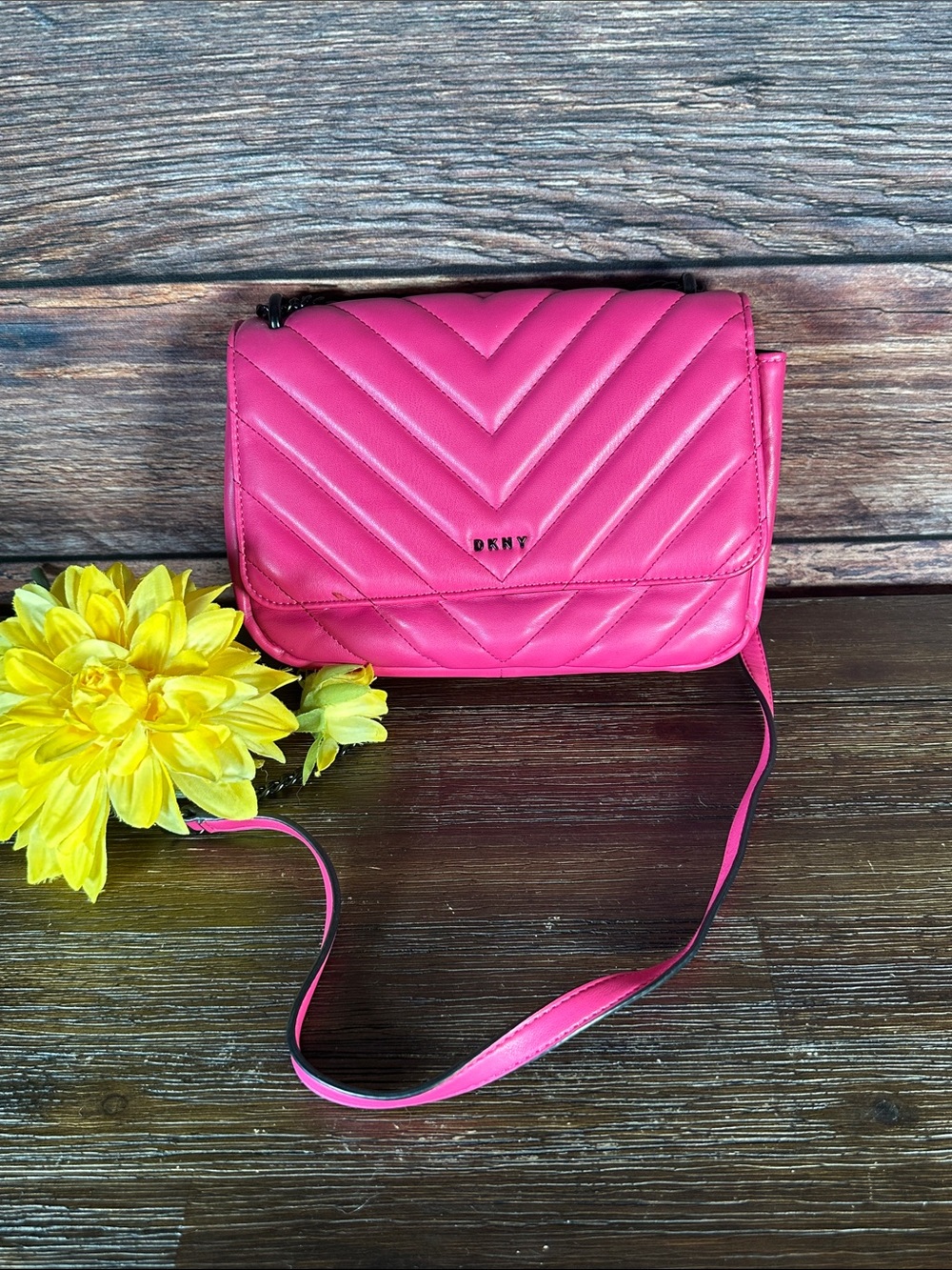 DKNY Hot Pink Chevron Quilted Crossbody Bag